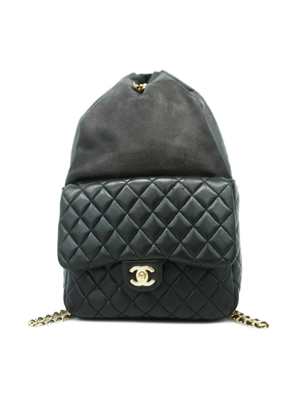 Chanel Backpack Quilted Lambskin Black Champagne Gold